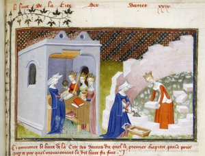 ハーレー 4431、f.290、理性、正当性、正義の擬人化前のクリスティーヌのミニチュアの詳細、および理性を持つクリスティーヌがシテ デ ダム (ベラム) を建設