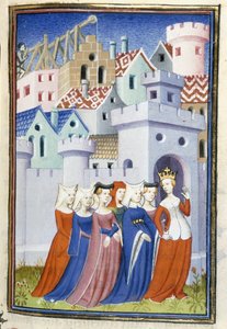 Harley 4431, f.323 クリスティーヌ・ド・ピザンの「女性の図書館」より、正義が女性の街に入る 作： Master of the Cité des Dames