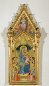 二人の天使、洗礼者ヨハネと聖ペテロに挟まれた玉座の聖母（木版画） 作： 聖ジョージ写本マスター