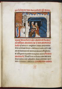 コットン ティベリウス B.VIII f.44v 視床から王を持ち上げるランスとボーヴェの司教、「フランス王シャルル 5 世の戴冠式の書」より