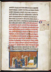 コットン ティベリウス B.VIII f.59 「フランス王シャルル 5 世の戴冠式の書」より王冠を王の頭に載せるランス大司教 作： Master of the Coronation Book of Charles V