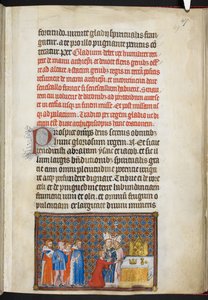 コットン ティベリウス B. VIII f.49r 祭壇に剣を差し出す王、「フランス王シャルル 5 世の戴冠式の本」のイラスト