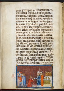 コットン ティベリウス B. VIII f.49v 王に剣を返すランスの大司教、「フランス王シャルル 5 世の戴冠式の本」の挿絵 作： Master of the Coronation Book of Charles V