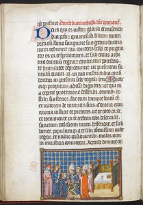 コットン ティベリウス B. VIII f.55v 「フランス王シャルル 5 世の戴冠式の書」より、手の塗油を受ける王 作： Master of the Coronation Book of Charles V