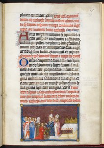 コットン ティベリウス B. VIII f.69r 「フランス王シャルル 5 世の戴冠式の書」より王笏とヴィルガを受け取る女王 作： Master of the Coronation Book of Charles V
