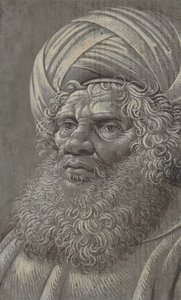 ターバンを身に着けたひげを生やした男の頭、ラテン語の文字の裏面、約 1510年。 作： Master of the Death of Absalom