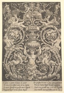 中央に花瓶を持つ女性が描かれた装飾パネル、1532年。