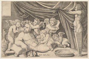 プッティに囲まれたバッカス、右にプリアプスの像、1530-60年。