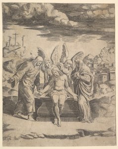 天使に支えられて墓に座るキリスト、1530～60年。 作： Master of the Die