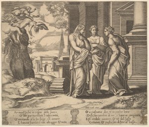 図15：プシュケが自分の不幸を妹たちに伝える様子（『プシュケの寓話』より） 1530-60年 作： Master of the Die