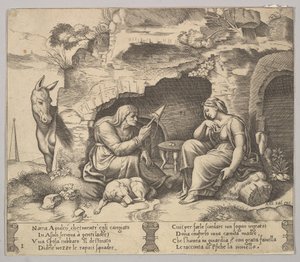 プレート1：ロバに変身して老婆の話を聞くアプレイウス...1520-70年。 作： Master of the Die