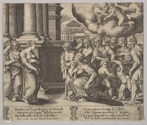 プレート 2: プシュケに神の栄誉を授ける人々、「プシュケの寓話」より、1530-60 年。 作： Master of the Die
