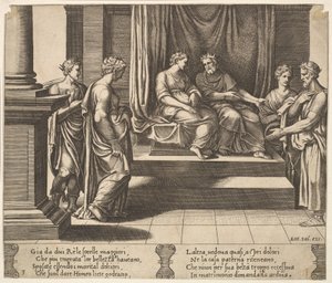 プレート3：プシュケの2人の妹は王に嫁いでいる（『プシュケの寓話』より）1530-60年。 作： Master of the Die