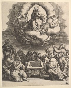 1530年から60年にかけて、使徒たちが墓を囲んでいる聖母被昇天。 作： Master of the Die