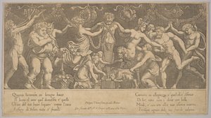 中央の像の形をしたプリアプスへの生け贄、バッカスとサ...1530-60年。