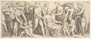 ジェイソンとクルーサの結婚式、左はメデアが子供たちを連れているところ、1530-60年。 作： Master of the Die