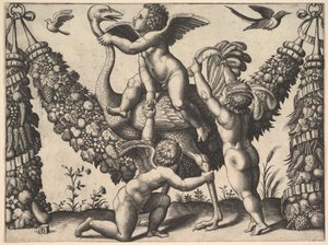 大きな花輪の前にいる3人のプッティ、中央のプッティはダチョウに乗っている、1530年から40年頃の...。