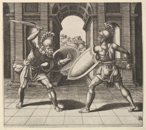 アーチの前で戦う 2 人のグラディエーター、1530～60 年。 作： Master of the Die