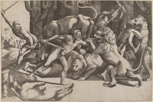 獣と戦う5人の男
