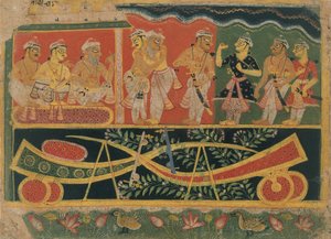 ナンダとヴァスデーヴァ: 分散したバガヴァタ プラーナのページ..., ca. 1520-30。 作： Master of the Dispersed Bhagavata Purana.