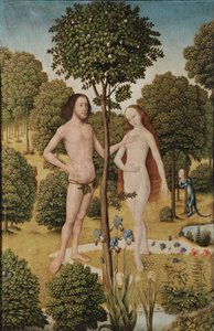 エデンの園のアダムとイブ（パネルに油彩） 作： Master of the Embroidered Foliage