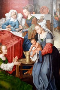 エヴォラ美術館。エヴォラ祭壇画の巨匠。聖母の誕生。パネルに油彩。フランドル派1500年。ポルトガル。