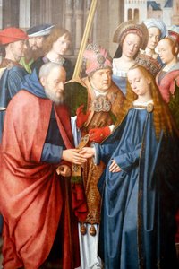 エヴォラ美術館。エヴォラ祭壇画のマスター。聖母とヨセフの婚礼パネルに油彩。フランドル派1500年。ポルトガル。 作： Master of the Evora Altarpiece