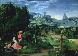 残りのエジプトへの逃避、ヨアヒム・パティニルが描いた風景（fl.1515-25）（パネル） 作： Master of the Female Half Lengths