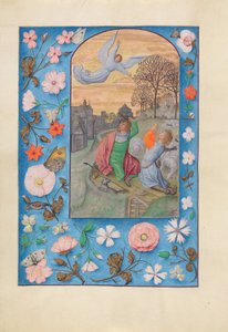 スペイン女王イザベラの時間：  フォル131v 羊飼いへの受胎告知 作： Master of the First Prayerbook of Maximillian
