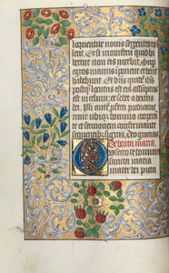 時祷書（ルーアン使用）：18v.葉、聖母への祈り、大きな頭文字Oと精緻な縁取り 作： Master of the Geneva Latini