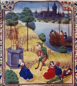 追加 35322 fol.227v ジョヴァンニ ボッカチオ (1313-75) の「デカメロン」、1475 年頃 (ベラム) からのエフィゲニアとシモーネ 作： Master of the Harley Froissart