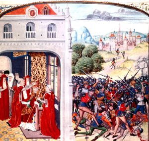 ジャン・フロワサールによるフランス・アヴィニョンでの教皇グレゴリー9世の奉献（1227年～1241年の教皇職）（ベラム製 作： Master of the Harley Froissart