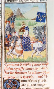 ハーレー 4380 fol.196v フランスのシャルル 6 世 (1366-1422) は、ジャン・フロワサール (c.1333-1404) による「フロワサールのクロニクル」の第 2 巻第 IV 部から、カレーに対する遠征を率いる (ベラム) 作： Master of the Harley Froissart
