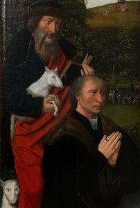 聖カタリナと聖バーバラとの聖母子の左パネルの詳細、1520〜25年頃（パネルに油彩） 作： Master of the Holy Blood