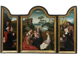 聖カタリナと聖バーバラとの聖母子、1520〜25年頃（パネルに油彩） 作： Master of the Holy Blood