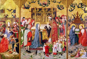 聖母マリアの崇拝を描いた、聖母マリアの七つの喜びの祭壇画、神殿での贈り物とマリアに現れたキリスト、1480年 作： Master of the Holy Family