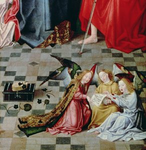 聖母の祭壇画の七つの喜び：3人の歌う天使の詳細、1480年頃（パネル）（5896年の詳細） 作： Master of the Holy Parent