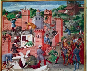 ローマ市の建設。 双子のロムルスとレムスが現場を訪問（作業の視察と事前作業）。 作業員は作業に積極的に取り組んでいます。メイコン、ストーン テーラー、ベアラー、大理石、セメント (セメントの準備) が働いています。 「」ロムレオンのミニチュア。 作： Master of the Innocent III missal