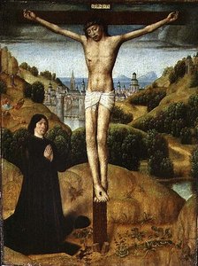寄贈者と十字架上のキリスト 1480年代後半（パネルに油彩） 作： Master of the Legend of St. Ursula