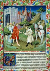 ジョン・オブ・マンデヴィル（1300-1372）は、エドワード2世から離反してイングランドを去った。世界の不思議の書」Ms2810のミニチュア。フォリオ141。マンデヴィルのジョン(ジェハン)が書いた、マザリンのマスターによって盛り上げられた原稿(1300? -1372) 作： Master of the Mazarine
