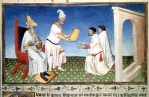 クビライ・ハンから寄付金を受け取るマルコ・ポーロとマッティア・ポーロ - マルコ・ポーロ（1254-1324）の「不思議の書」（「世界の折衷」、「イル・ミリオーネ」）から抜粋したミニチュア（Ms.2810、Folio 3v）マザリンのマスターによって盛り上げられた、1410年から1412年頃 作： Master of the Mazarine