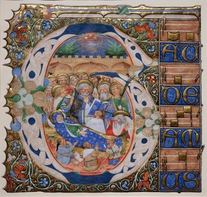 処女の死で歴史的イニシャル。ムラーノ・グラデュアルの巨匠1420年頃（羊皮紙）