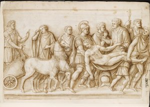 Verso: The Return of Meleager、ローマの石棺から、パラッツォ バルベリーニ、ローマ、c.1512-17 (ペン & ブラウン ウォッシュのブラウン インク) 作： Master of the Oxford Album