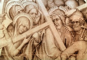 ナルボンヌの装飾：十字架を背負ったキリスト（絹のグリザイユ） 作： Master of the Parement of Narbonne