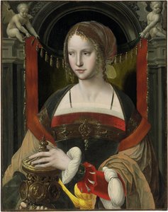 Sainte Marie Madeleine - オウムの達人による絵画 (アントワープ、16 世紀の最初の 3 分の 1)、木に油彩 (73.6 x 58.4 cm) 作： Master of the Parrot