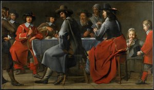 ハーディガーディプレーヤーによるギャンブラーの集まり、1660年頃 作： Master of the Processions