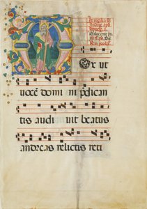 聖アンデレの饗宴が頭文字Mで描かれた写本の葉......15世紀後半 作： Master of the Riccardiana Lactantius