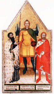 大天使聖ミカエルと聖バルトロメオと聖ジュリアン（パネルにテンペラ 作： Master of the Rinuccini Chapel