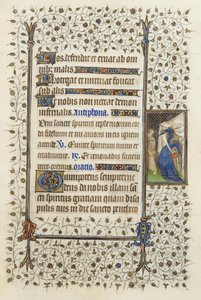 Ms 62 f.132rギローム・ド・デギユヴィルの1350年、1417年の「聖霊の時間」からの、本を刺すネクロマンシーの擬人化（羊皮紙上のインクと金箔）