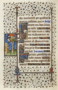 Ms 62 f.132vギリアム・ド・デギユビルの1350年、1417年の「聖霊の時間」（羊皮紙のインクと金箔）からの、刀で突き刺された本のある木のてっぺんの翼のある人物